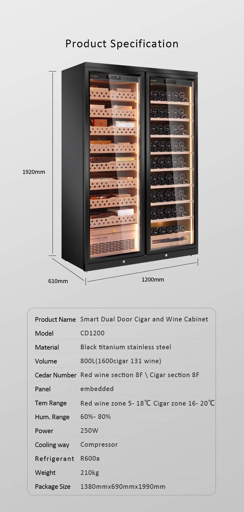 Raching CD1200 Double Door Cigar Humidor Cabinet